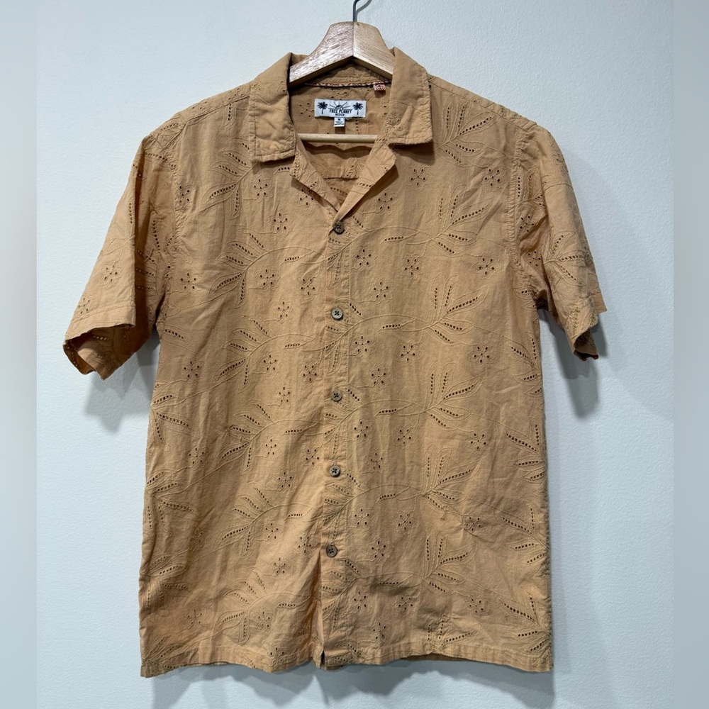 Free Planet Men's Short-Sleeve Eyelet Button-Down Shirt - Tan